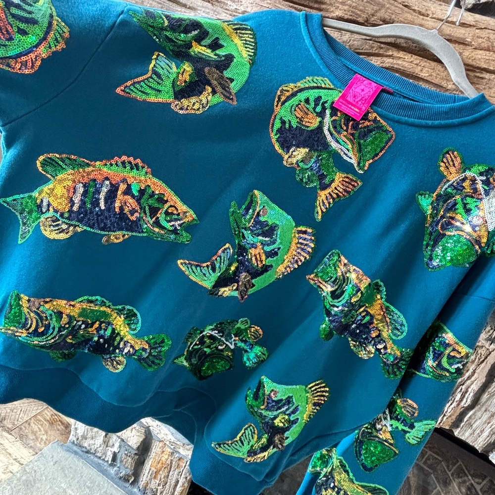 QOS Queen of Sparkles Medium bass fish sequin sweatshirt